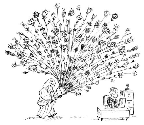 A man carries a huge bouquet of flowers.