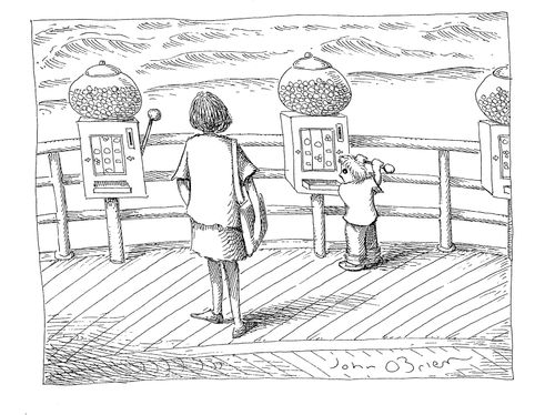 A child pulls the lever of a machine that is combination of both a slot machine and a gumball machine.
