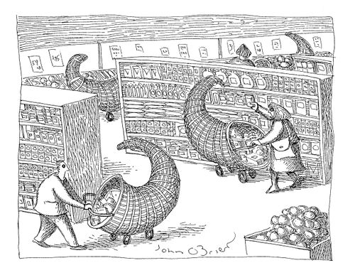 People putting their grocery shopping into shopping carts that are cornucopias.