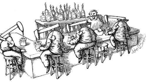 Bar customers with oil extractors for heads.