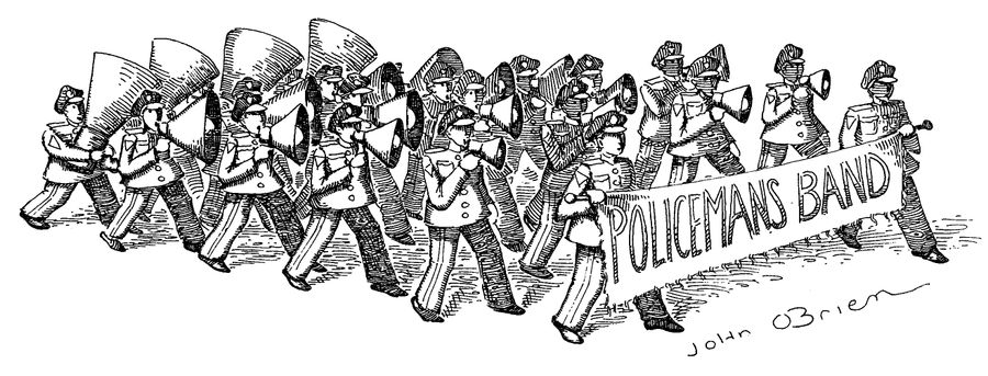 A marching band made up of policemen carrying megaphones.