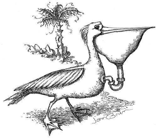 A pelican with a pipe leading from his large bill to his stomach.