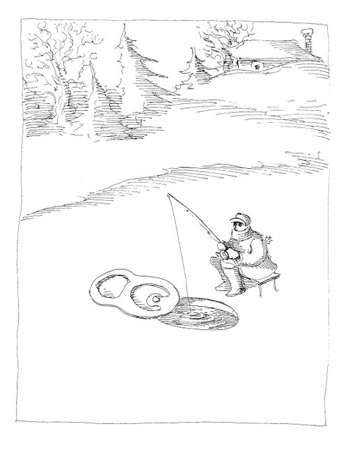 A man ice fishing through a hole in the ice opened using a soda can pull tab.