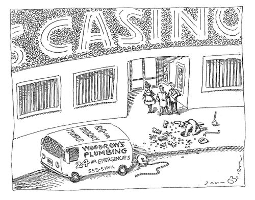 A plumber pulls cash out from the sewer near a casino.