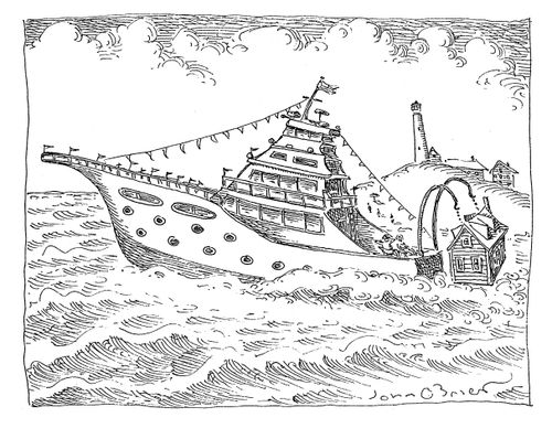 A large yacht carries a small wood house.
