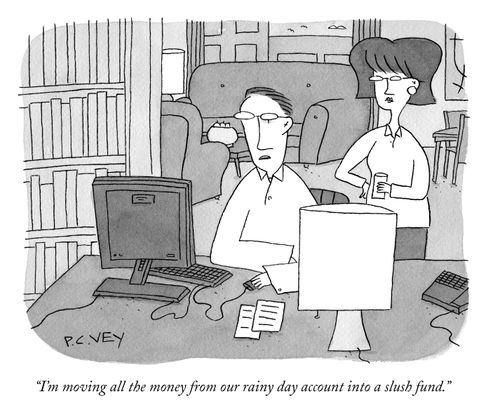 "I'm moving all the money from our rainy day account into a slush fund."