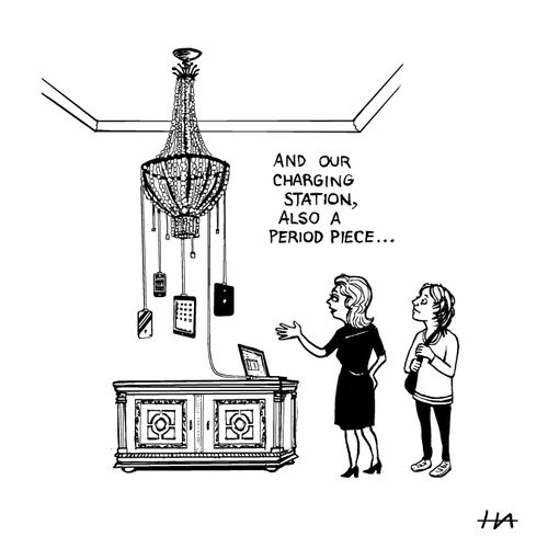 "And our charging station, also a period piece. . ."