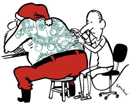 Santa gets a Christmas themed tattoo.