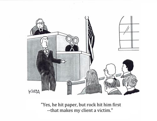"Yes, he cut paper, but rock hit him first - that make my client a victim."