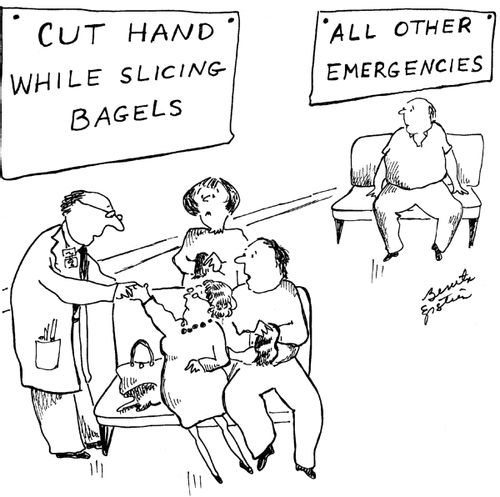 Cut hand while slicing bagels. All other emergencies.