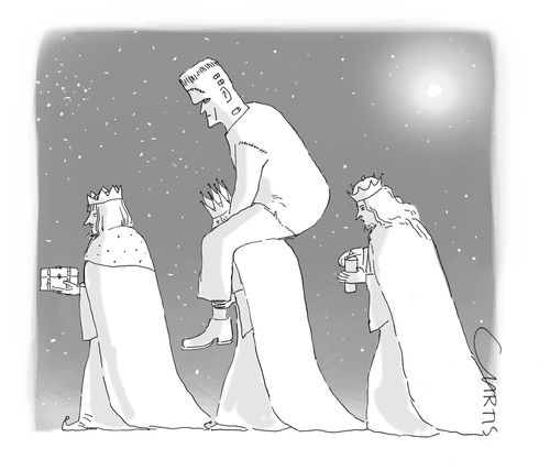 One of the three kings give Frankenstein's Monster a shoulder ride