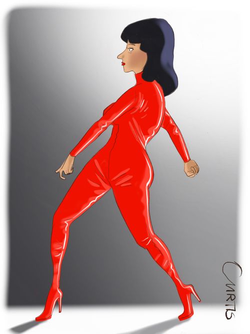 A woman in a red catsuit