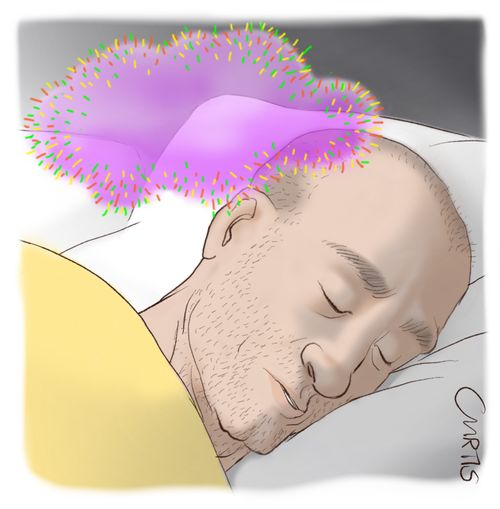 A pink cloud hovers above a sleeping man