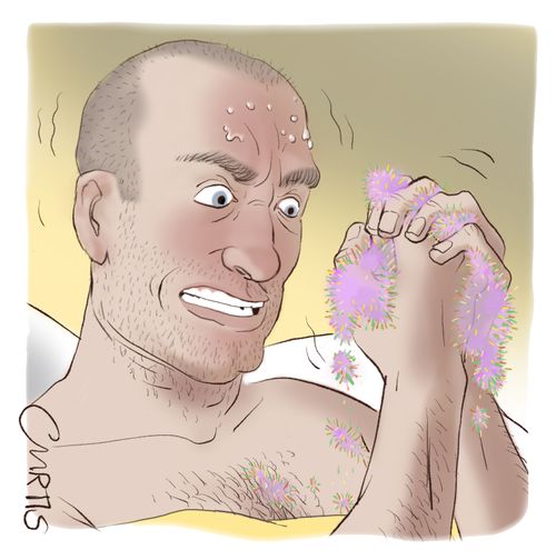 A man with pink fluff exploding from his hands