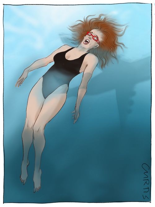 A woman floats in the pool under the shade of an airplane