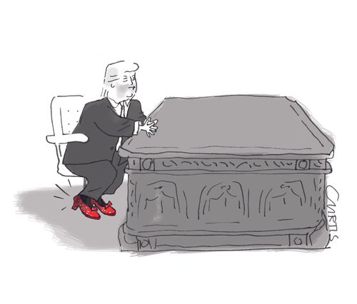 Donald Trump sits behind the Resolute desk, clicking the heels of his ruby slippers. 