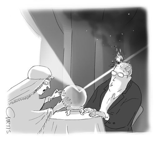 Fortune teller singes man's forehead.
