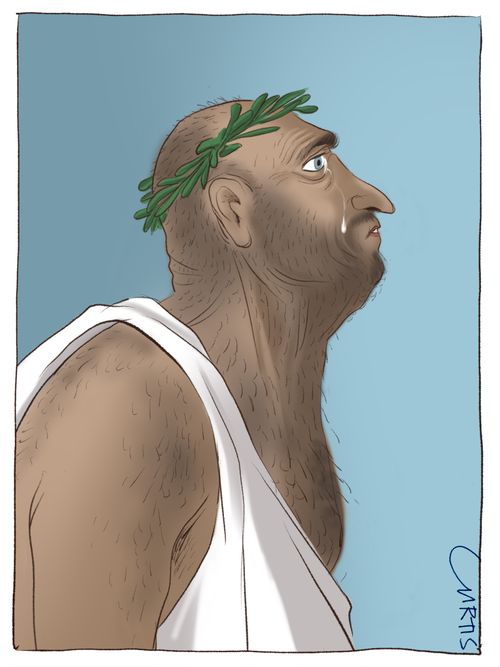 A crying man wears a laurel wreath