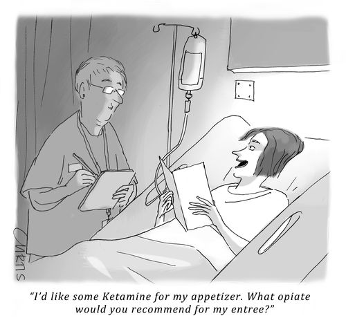"I'd like some Ketamine for my appetizer. What opiate would you recommend for my entree?"