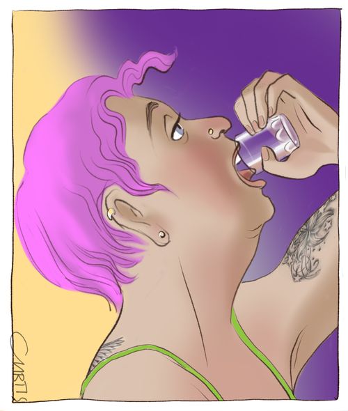 A woman with purple hair takes medication
