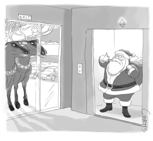 Santa takes the lift to the roof.