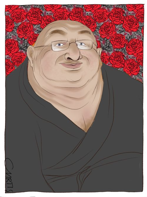 A man in a dressing gown on a bed of roses