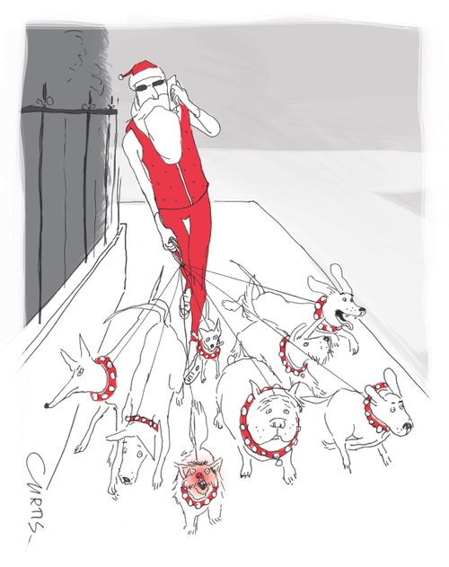 Santa Claus walks dogs