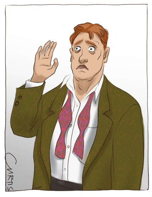 A dishevelled man holds up his hand