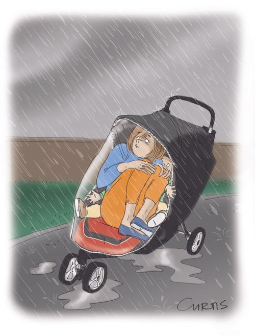 A mom escapes the rain in her child's pushchair