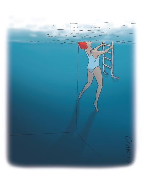 A woman holding her head above water in a swimming pool