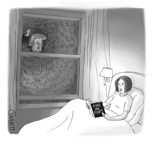 Trump bangs on the window of a woman reading 'Fire and Fury'.