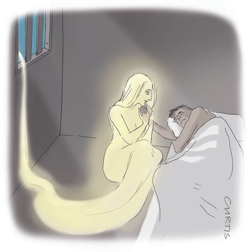 A ghost visits a man in a prison cell