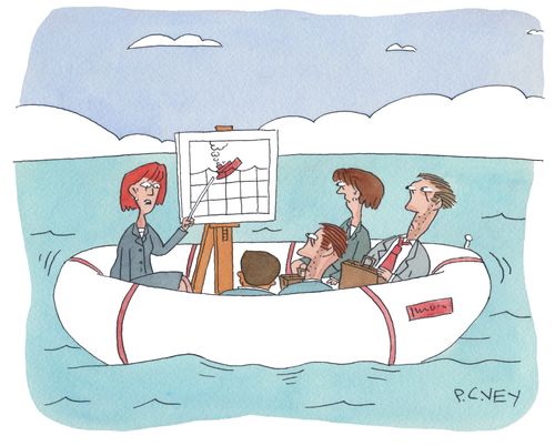 A businesswoman gives a presentation on a lifeboat