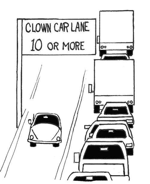 Clown car lane: 10 or more.