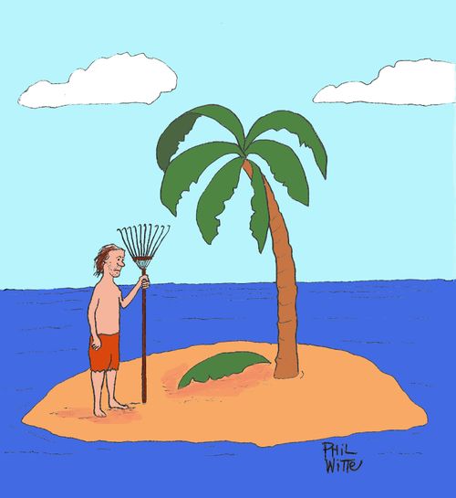A man with a rake on a desert island