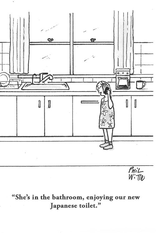 "She's in the bathroom, enjoying our new Japanese toilet."