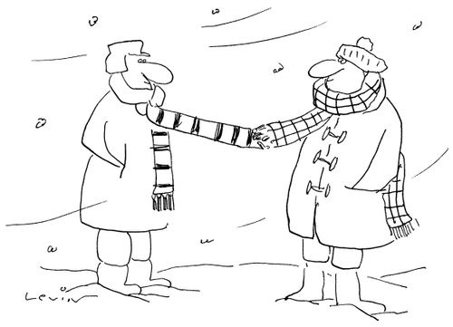 Two men stand tethered by their scarves.