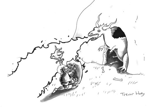 Dragon roasts a chicken impaled on a knight's sword.