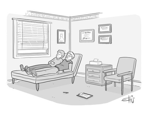 A therapist joins his patient on the couch.