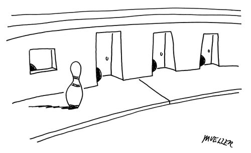 A Pin walking past doorways occupied by Bowling Balls