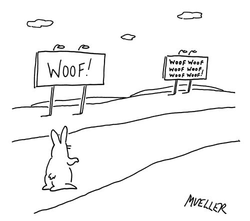 Rabbit on highway with billboards saying "Woof!".