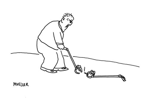 "An old man uses a stick grabber to pick up a cigarette."