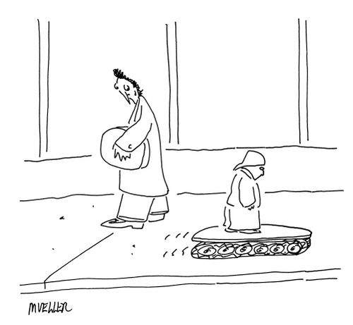 A man looking askance at a child on a tank-like skateboard