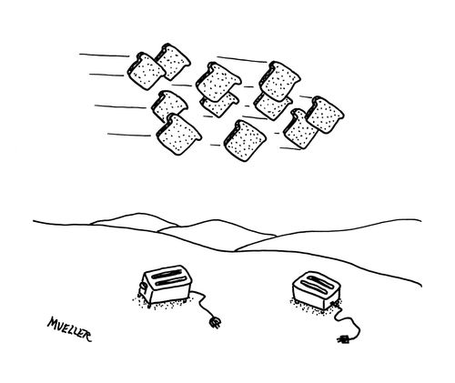 Bread flies past toasters.