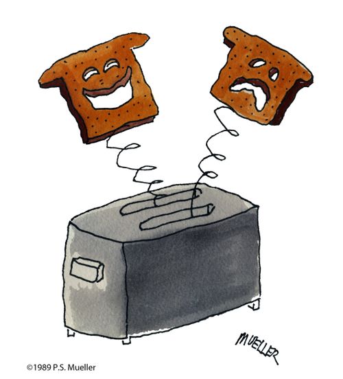 Toast with faces popped up from toaster.
