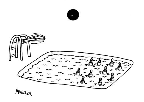 Bowling pins in a swimming pool.