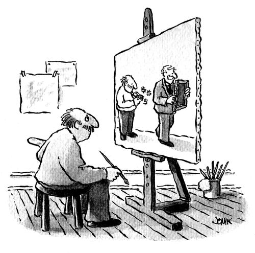 An artist gazing longingly at at painting of an artist selling a painting
