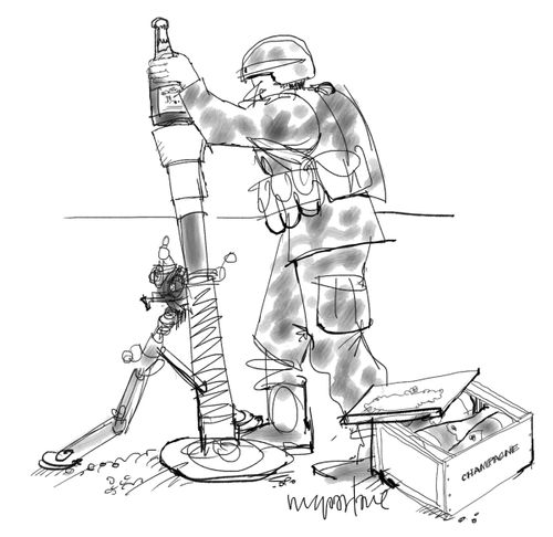 A soldier fills a mortar with champagne