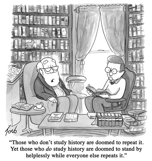 "Those who don't study history are doomed to repeat it. Yet those who do study history are doomed to stand by helplessly while everyone else repeats it."