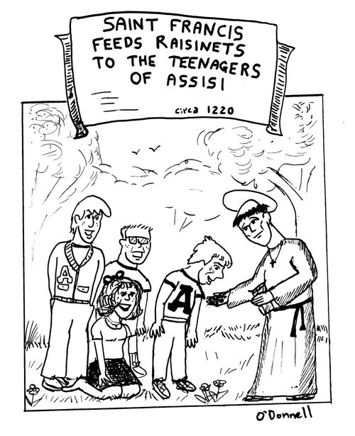 Saint Francis feeds raisinets to the Teenagers of Assisi